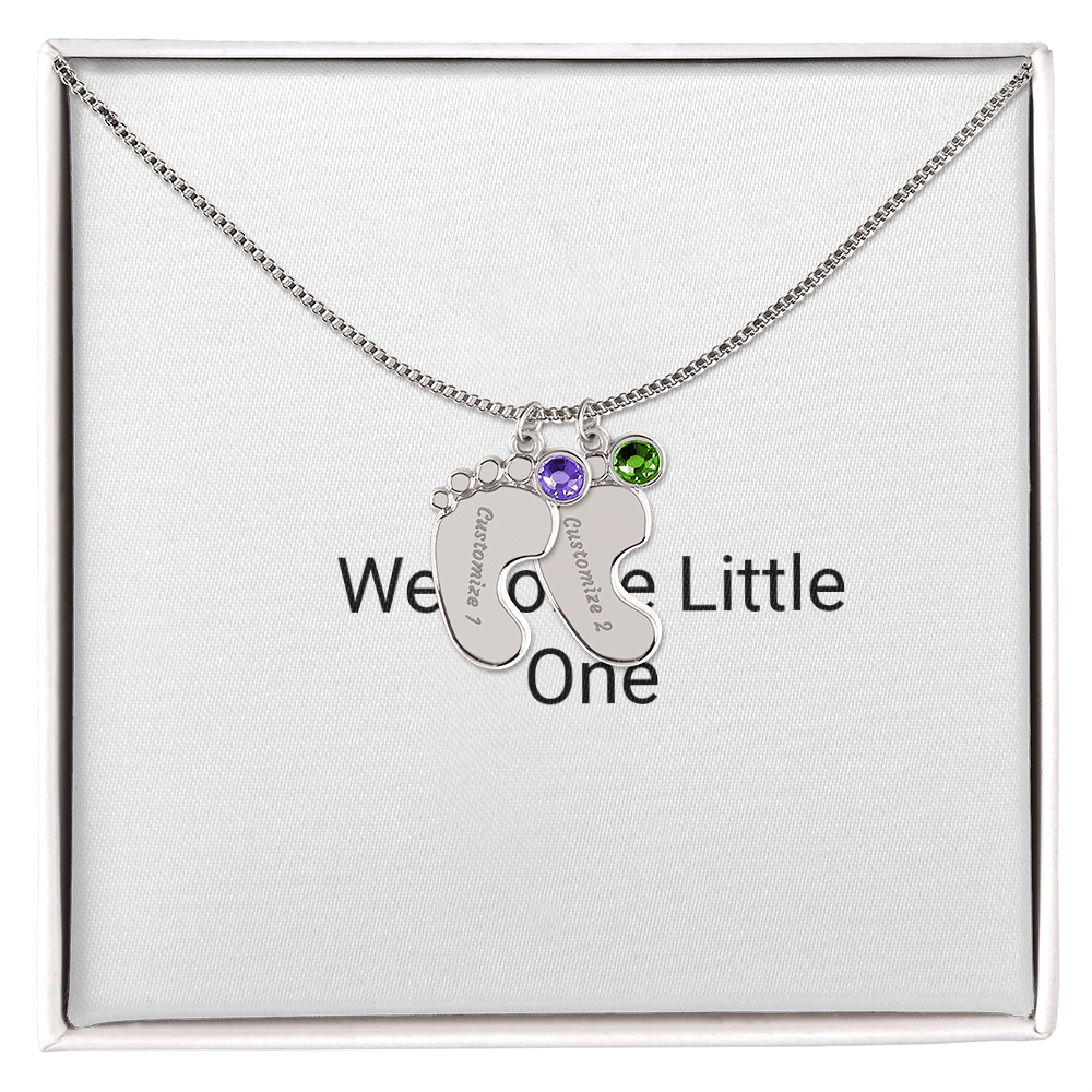 Engraved Baby Feet Necklace with Birthstone