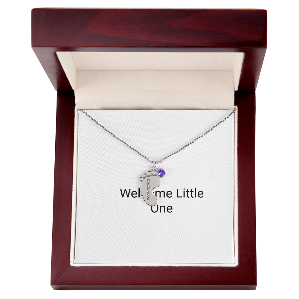 Engraved Baby Feet Necklace with Birthstone