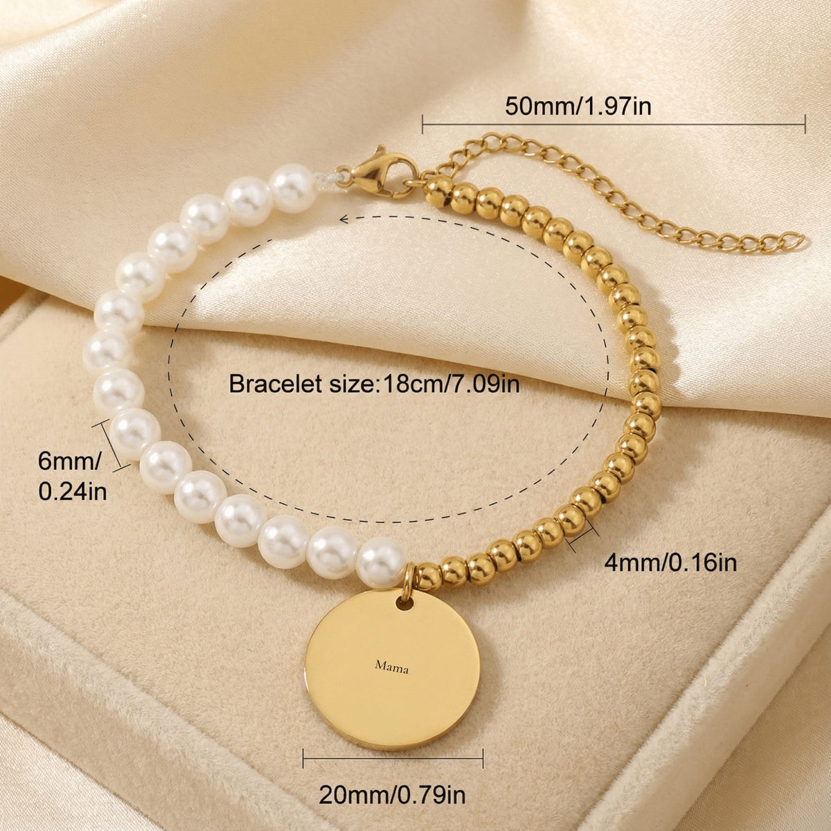 Personalized Pearl & Gold Coin Bracelet for Mom — Custom Engraved Name Bracelet with Message Card