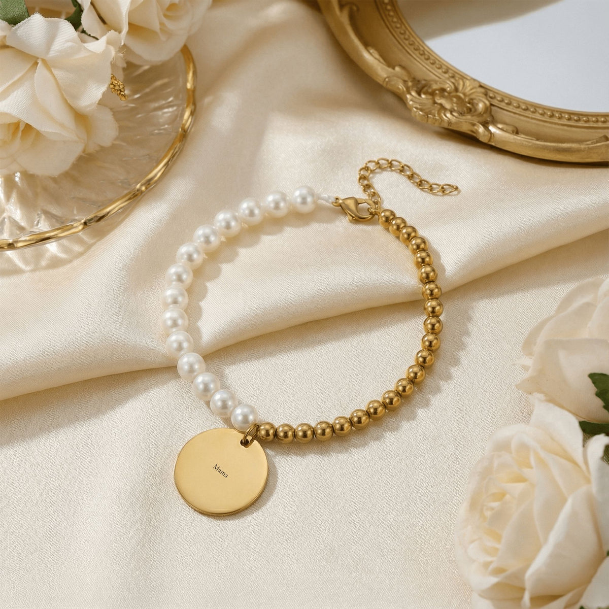 Personalized Pearl & Gold Coin Bracelet for Mom — Custom Engraved Name Bracelet with Message Card