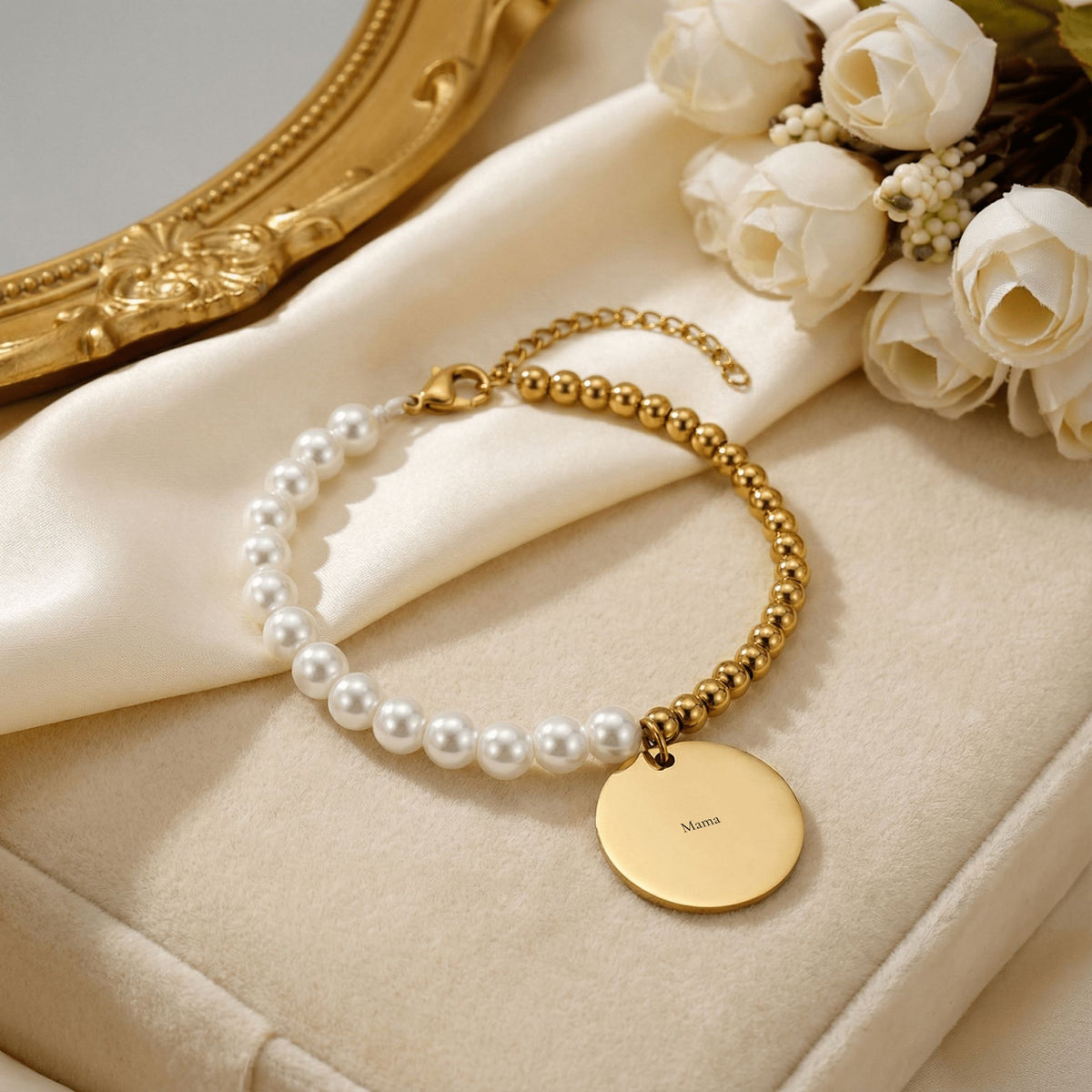 Personalized Pearl & Gold Coin Bracelet for Mom — Custom Engraved Name Bracelet with Message Card