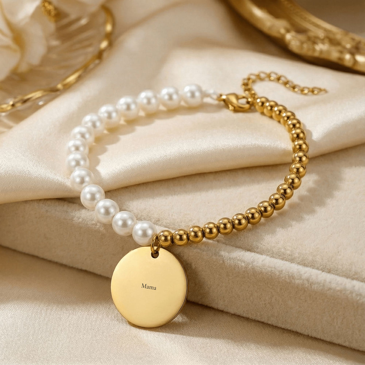 Personalized Pearl & Gold Coin Bracelet for Mom — Custom Engraved Name Bracelet with Message Card