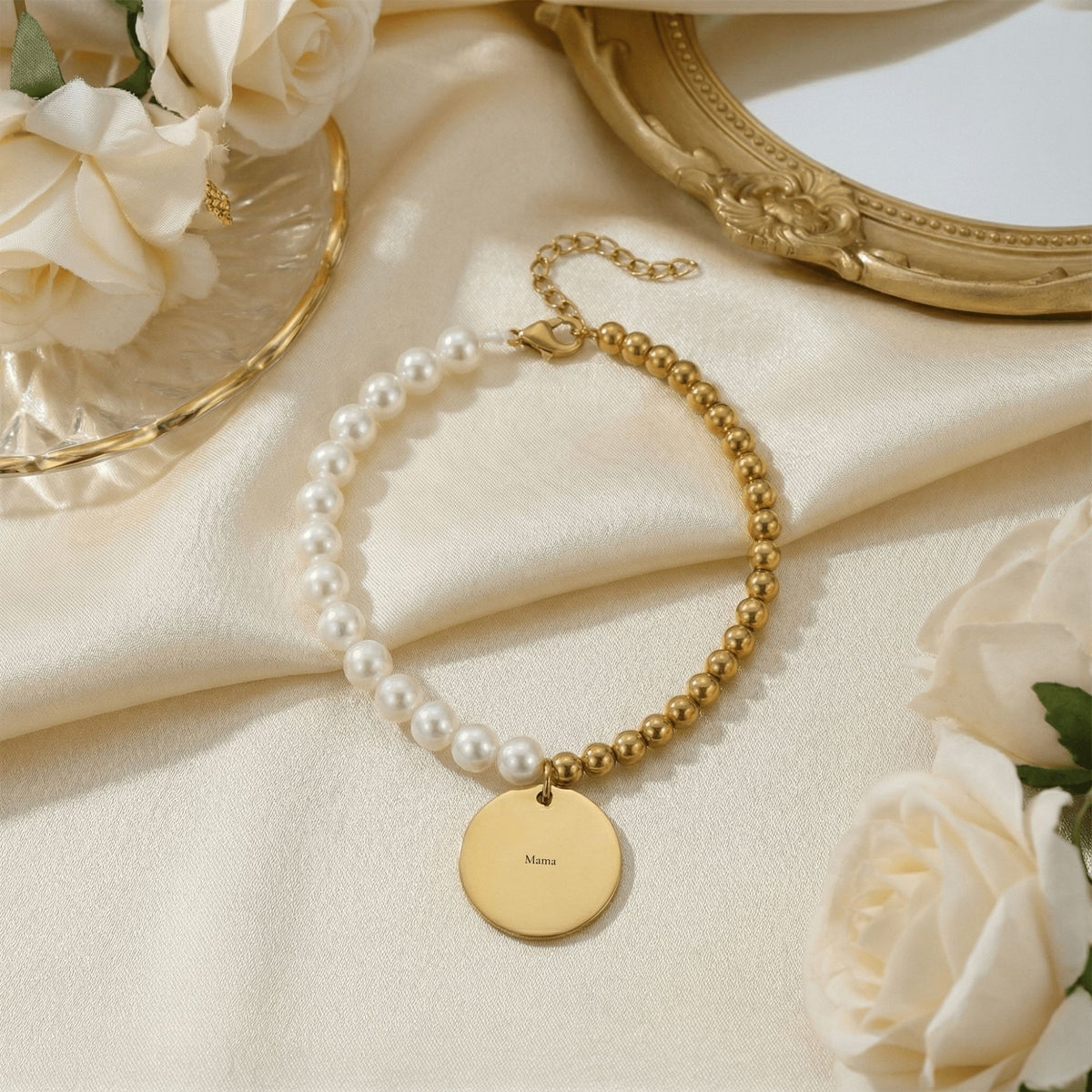 Personalized Pearl & Gold Coin Bracelet for Mom — Custom Engraved Name Bracelet with Message Card