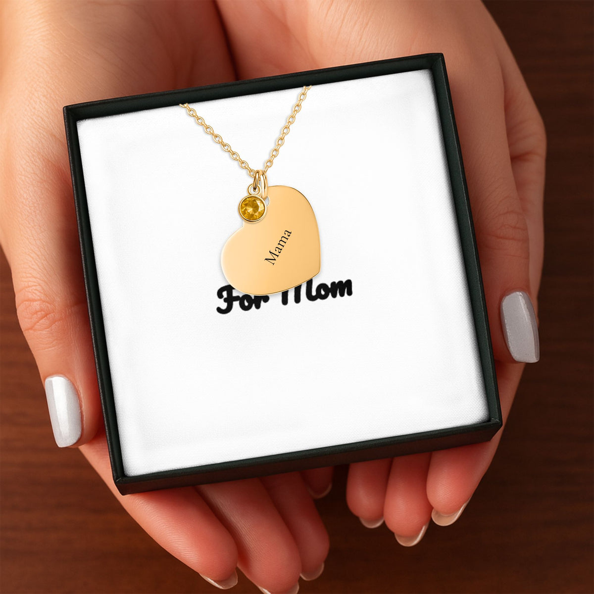 Personalized Heart Necklace with Birthstone for Mom — Custom Engraved Name Necklace with Message Card