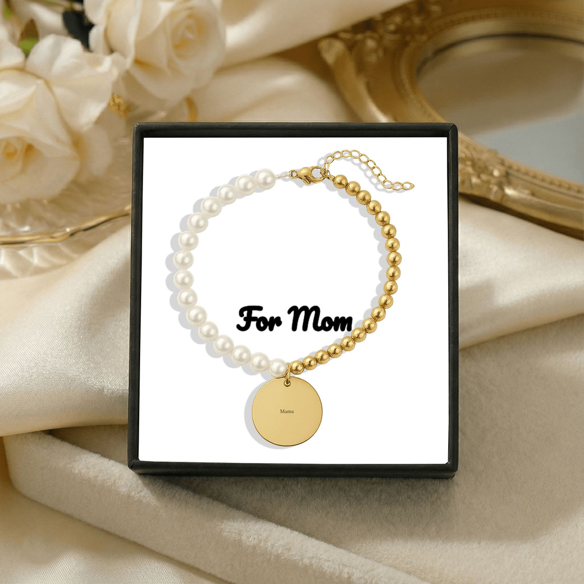 Personalized Pearl & Gold Coin Bracelet for Mom — Custom Engraved Name Bracelet with Message Card