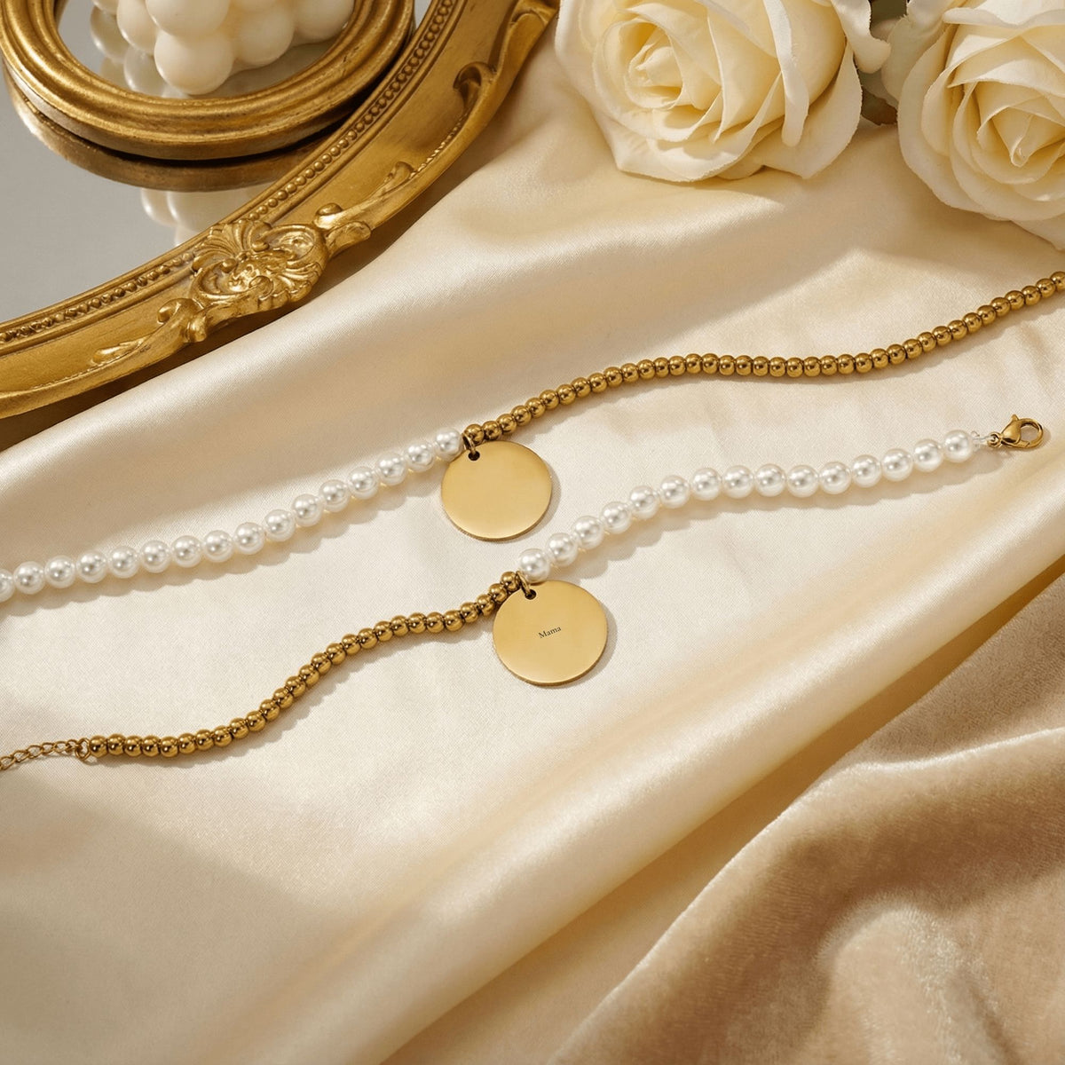Personalized Pearl & Gold Coin Bracelet for Mom — Custom Engraved Name Bracelet with Message Card