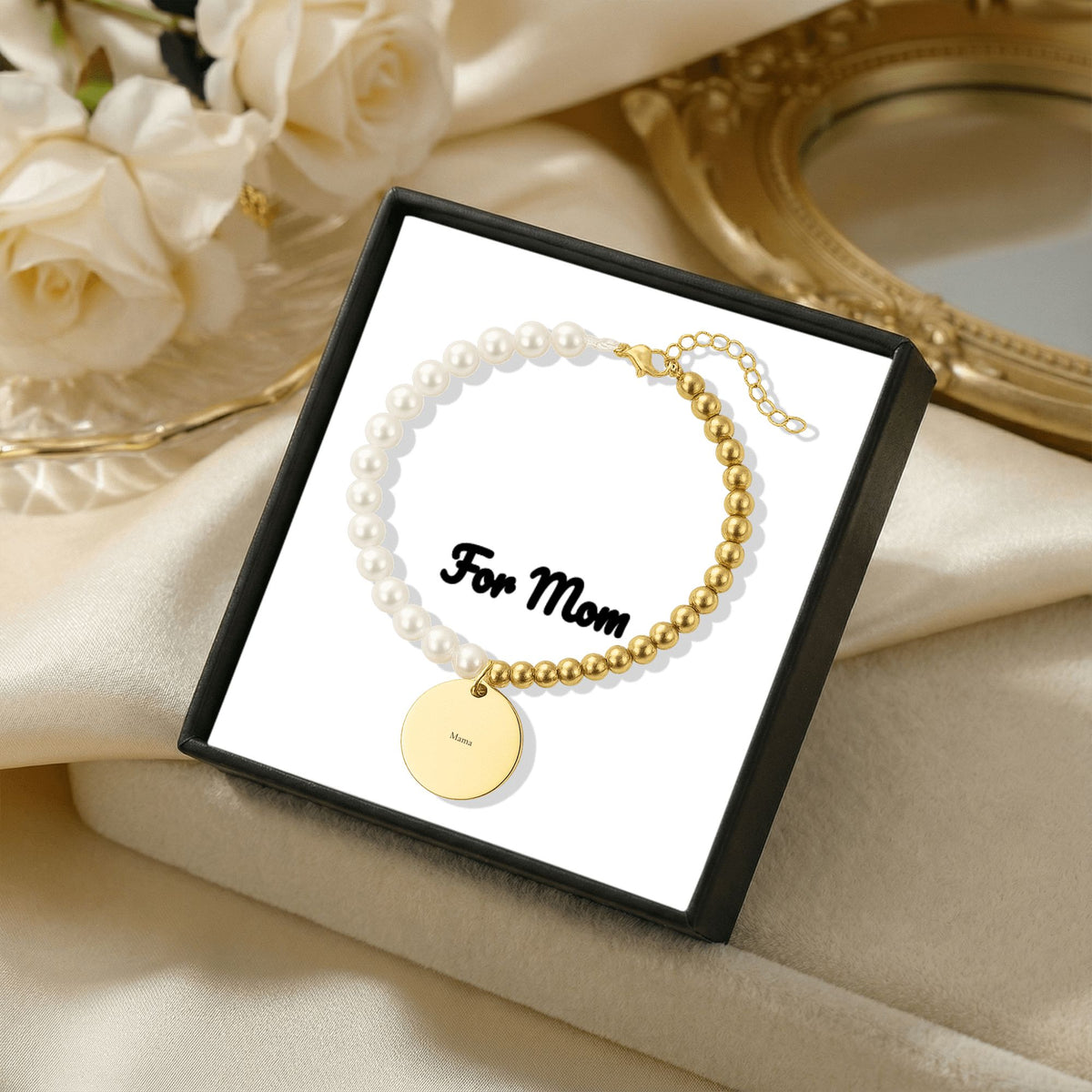 Personalized Pearl & Gold Coin Bracelet for Mom — Custom Engraved Name Bracelet with Message Card