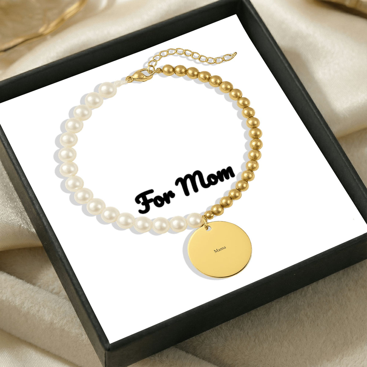 Personalized Pearl & Gold Coin Bracelet for Mom — Custom Engraved Name Bracelet with Message Card