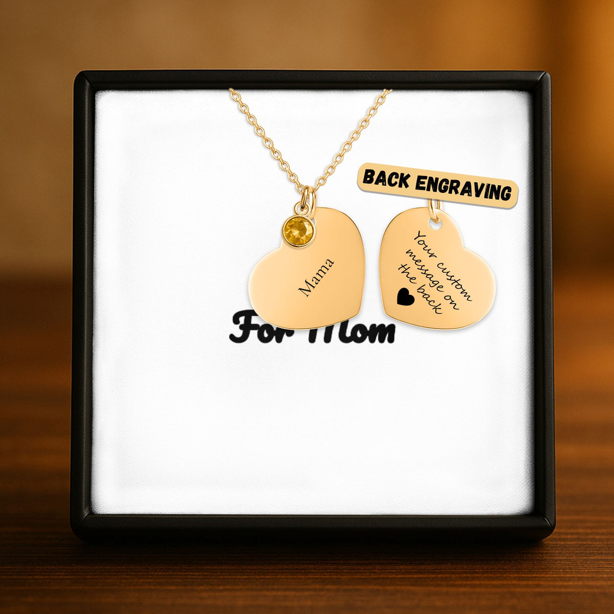 Personalized Heart Necklace with Birthstone for Mom — Custom Engraved Name Necklace with Message Card
